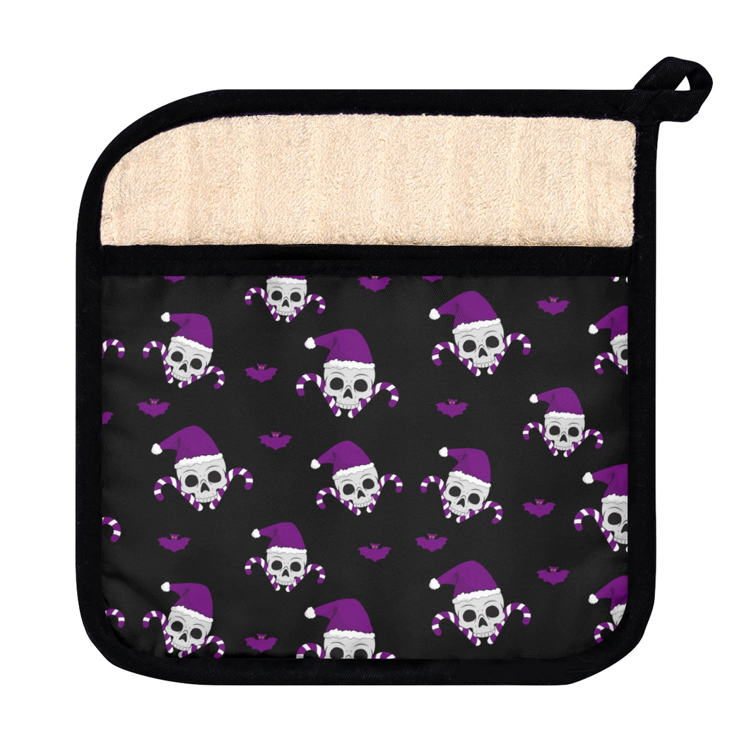 Christmas Skulls and Candy Canes black and purple Potholder with Pocket