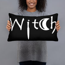 Load image into Gallery viewer, The word Witch in white creepy letters on a black pillow
