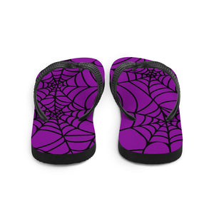 purple and black Halloween spider web flip flop for any goths summer spooky clothes collection back view 