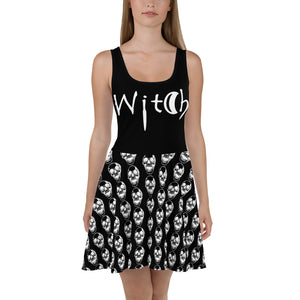 Black Goth Witch Skull Pattern Skater Dress