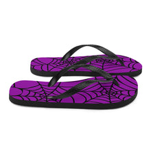 Load image into Gallery viewer, purple and black Halloween spider web flip flop for any goths summer spooky clothes collection  
