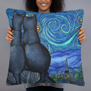 Starry Kitties Parody of Starry Night Basic Pillow
