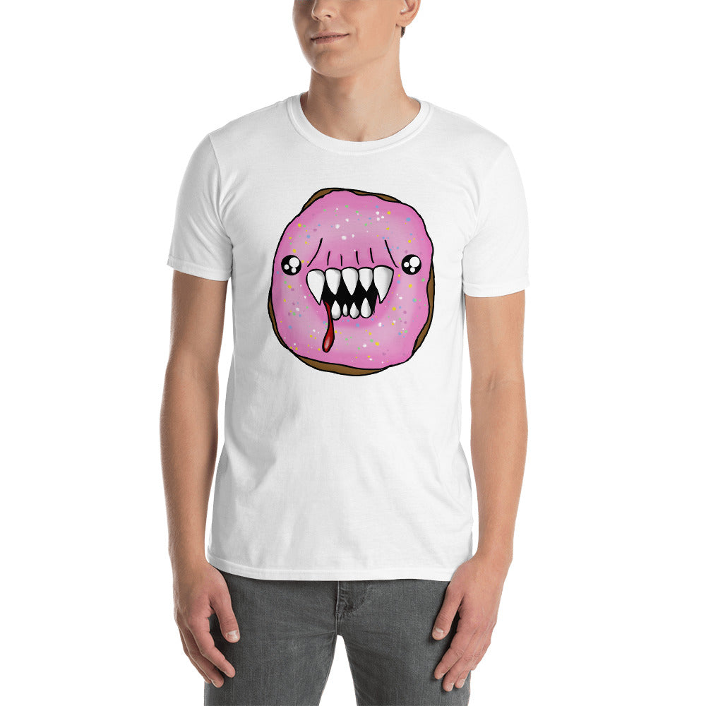 Scary Pink Halloween Man Eating Doughnut Short-Sleeve Unisex T-Shirt white