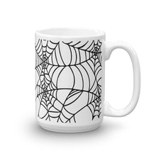 Load image into Gallery viewer, Black and White Spider Web Halloween Coffee Mug 15oz front view
