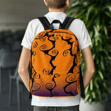Load image into Gallery viewer, Orange black and purple Halloween spooky swirl backpack gift for Halloween fan

