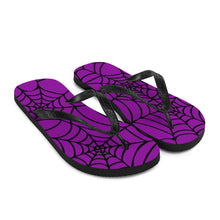 Load image into Gallery viewer, purple and black Halloween spider web flip flop for any goths summer spooky clothes collection  front view
