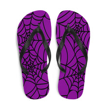 Load image into Gallery viewer, purple and black Halloween spider web flip flop for any goths summer spooky clothes collection  above view
