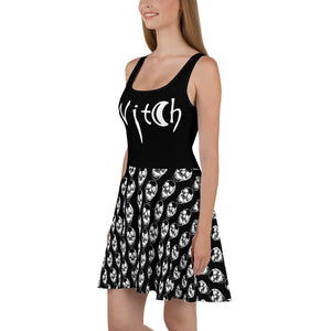 Black Goth Witch Skull Pattern Skater Dress