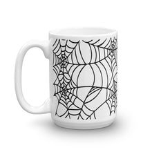 Load image into Gallery viewer, Black and White Spider Web Halloween Coffee Mug 15oz side view

