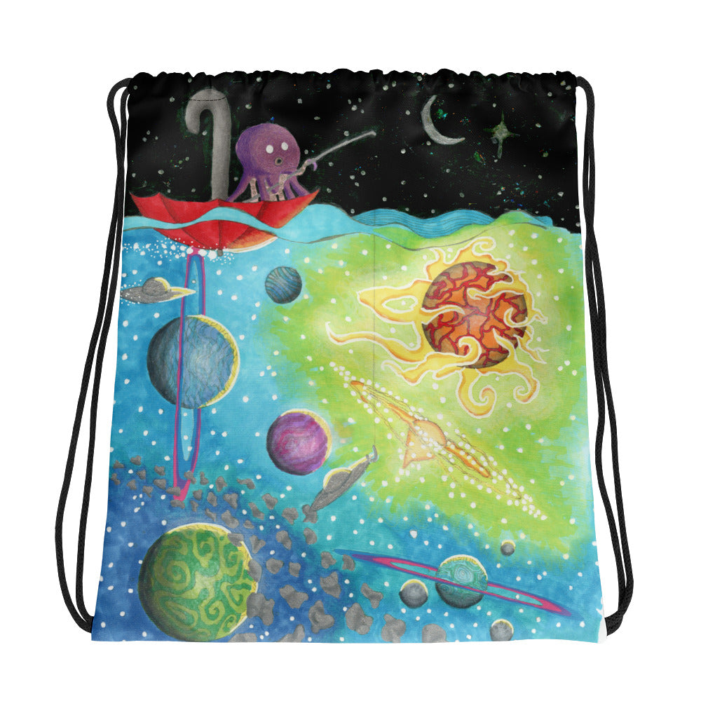 Octopus Fishing For a Spaceship Drawstring bag