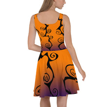 Load image into Gallery viewer, Black Swirl with Purple and Orange Halloween Skater Dress back view
