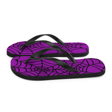 Load image into Gallery viewer, purple and black Halloween spider web flip flop for any goths summer spooky clothes collection  
