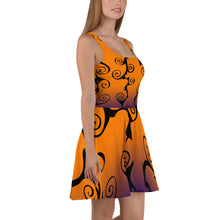 Load image into Gallery viewer, Goth Clothing Style Black Swirl with Purple and Orange Halloween Skater Dress
