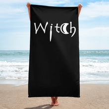 Load image into Gallery viewer, Goth black beach towel with witch in white letters Goth home decor Goth accesories
