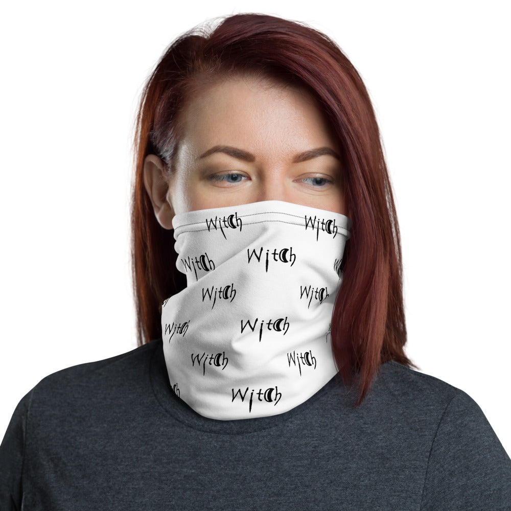 White with Black Lettering Witch Neck Gaiter Face Mask