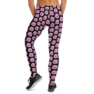 Black with Pink Man Eating Donuts Pattern Leggings