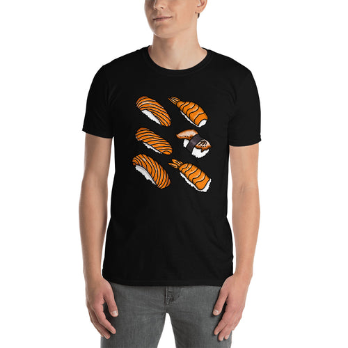 Black t shirt with kawaii japanese sushi six pieces 