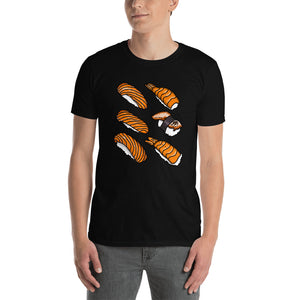 Black t shirt with kawaii japanese sushi six pieces 