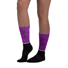 Load image into Gallery viewer, Purple and black spider web Halloween socks
