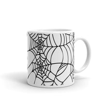Load image into Gallery viewer, Black and White Spider Web Halloween Coffee Mug side view
