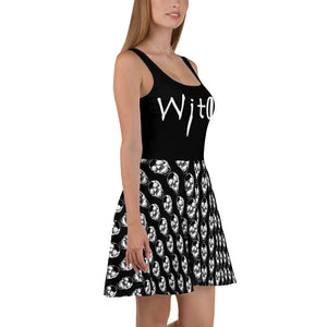 Black Goth Witch Skull Pattern Skater Dress