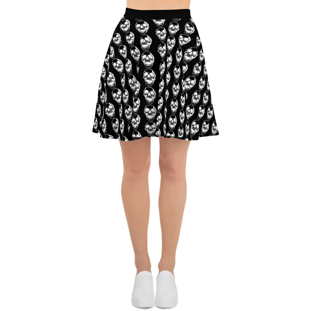 Black Goth Skull Pattern Skater Skirt