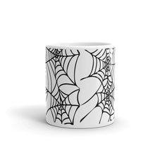 Load image into Gallery viewer, Black and White Spider Web Halloween Coffee Mug front view
