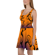 Load image into Gallery viewer, Black Swirl with Purple and Orange Halloween Skater Dress side view
