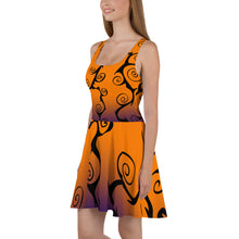 Load image into Gallery viewer, Black Swirl with Purple and Orange Halloween Skater Dress side view
