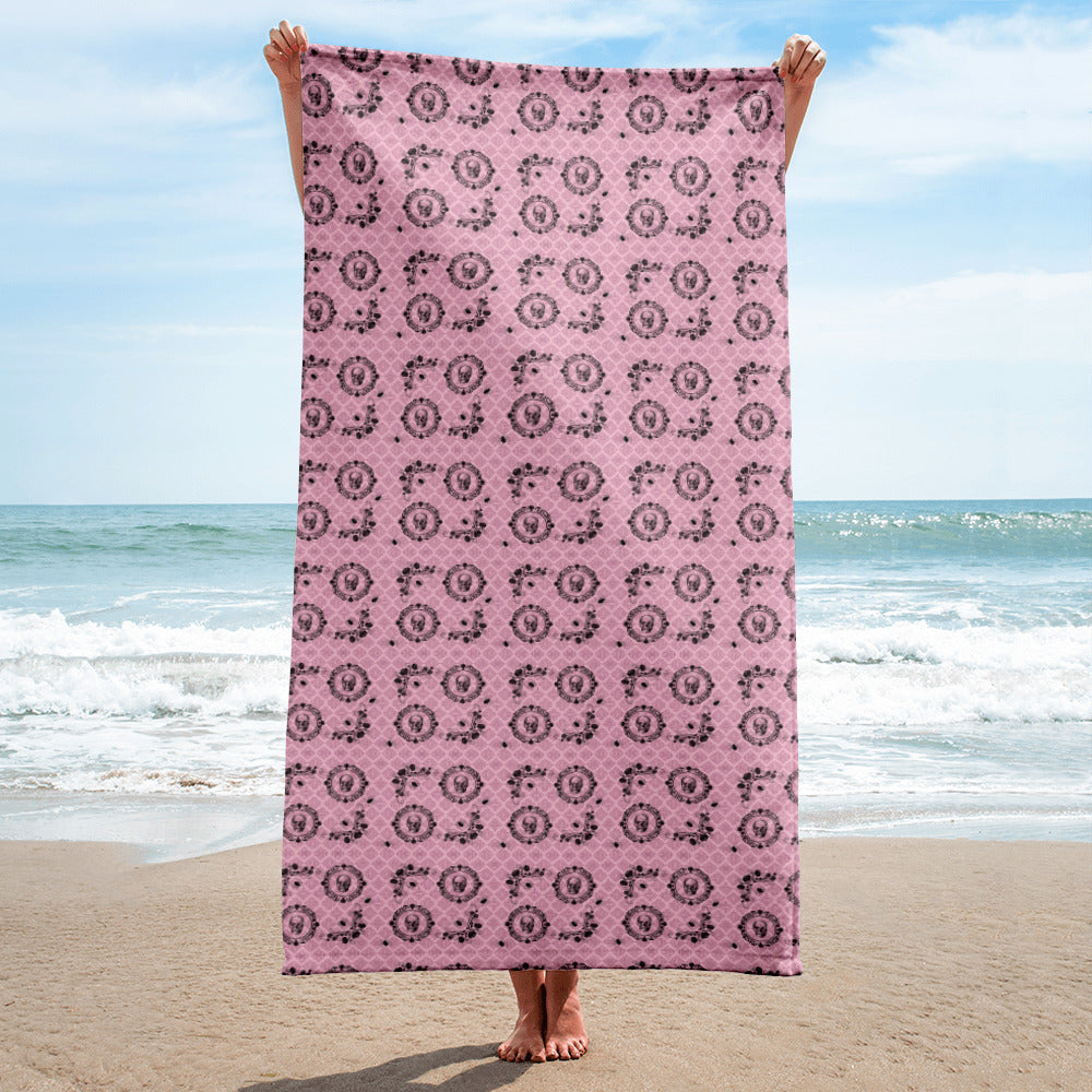 Victorian Skulls and Spiders Pattern Pink and Black Towel