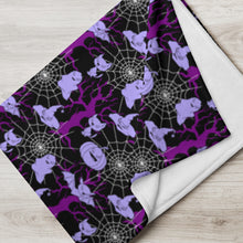 Load image into Gallery viewer, Cats, Hats and Bats Spiderweb Halloween Throw Blanket
